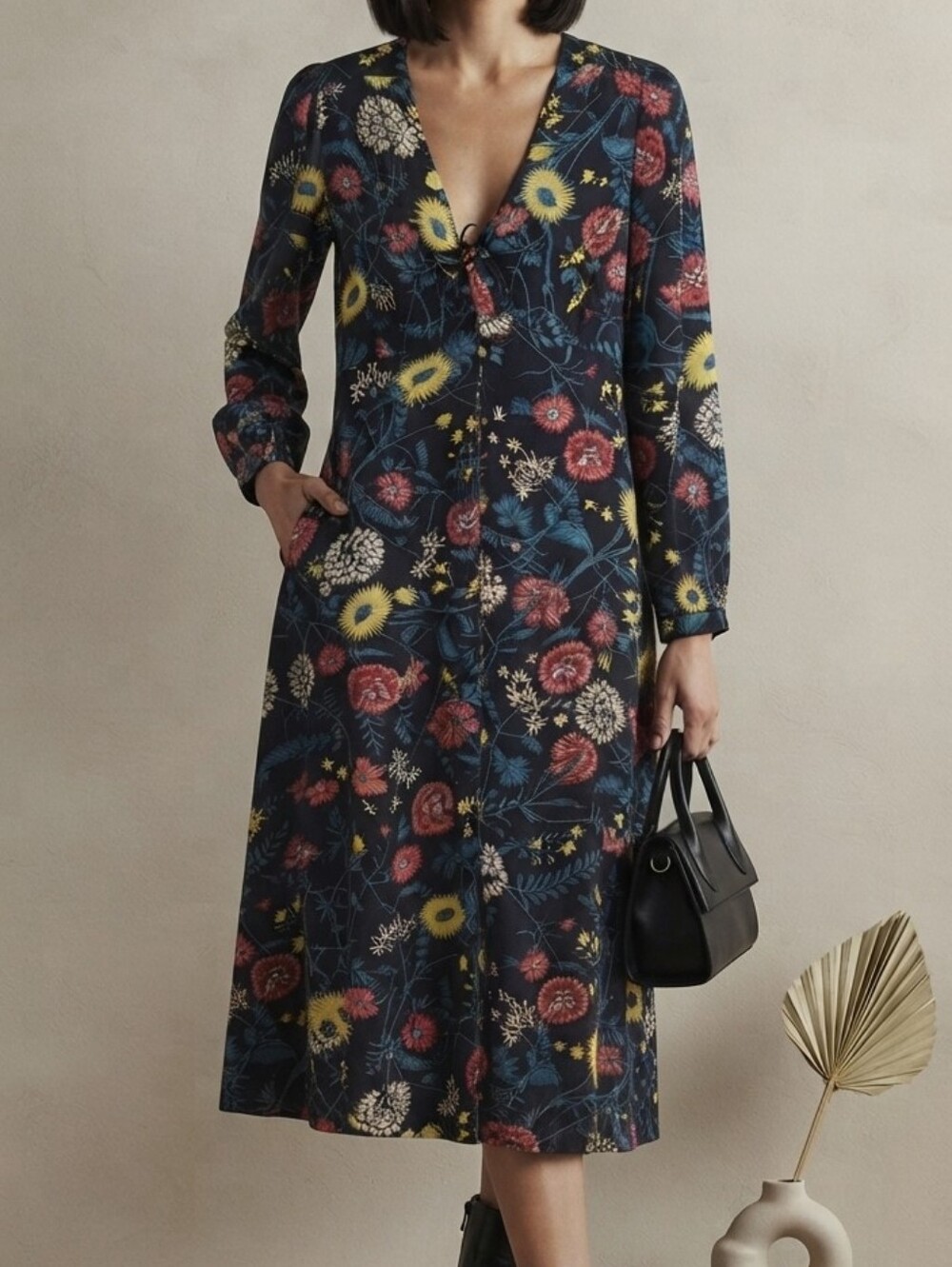 Navy Floral V-Neck Long Sleeve Midi Dress
